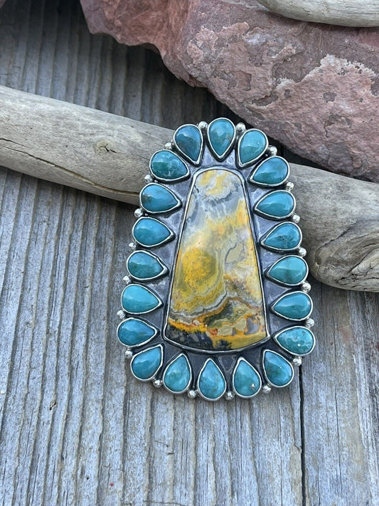 Handcrafted Sterling Bumblebee and Turquoise Stone Ring Sz 8