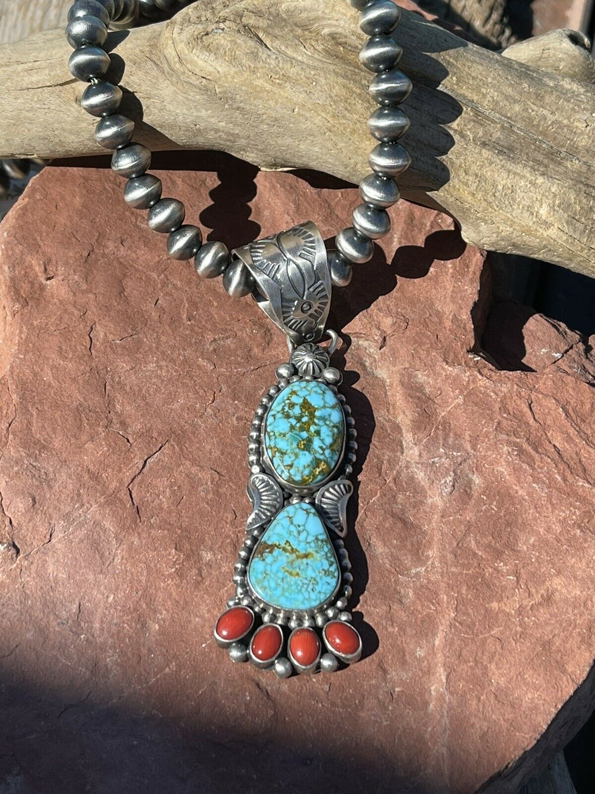 Navajo Sterling Kingman Web Turquoise & Red Coral Taos Pendant Danny Clark