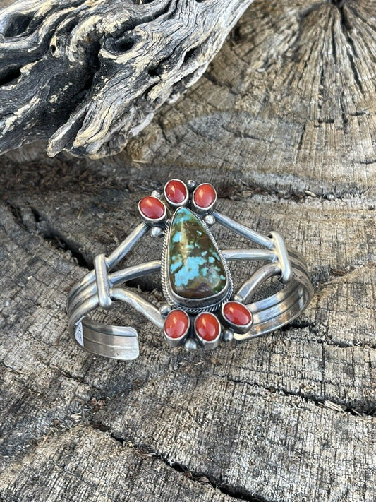 Handcrafted Sterling Kingman Web Turquoise & Red Coral Taos Bracelet Cuff by Bobby Johnson /
