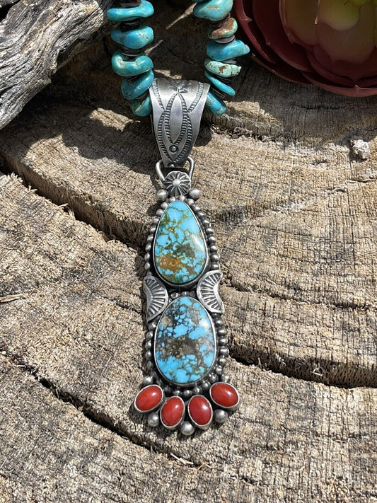 Handcrafted Sterling Kingman Web Turquoise & Red Coral Taos Pendant Danny Clark