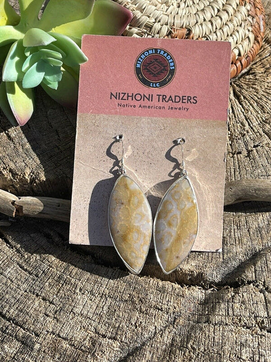 Handcrafted Fossilized Coral & Sterling Silver Dangle Earrings Signed