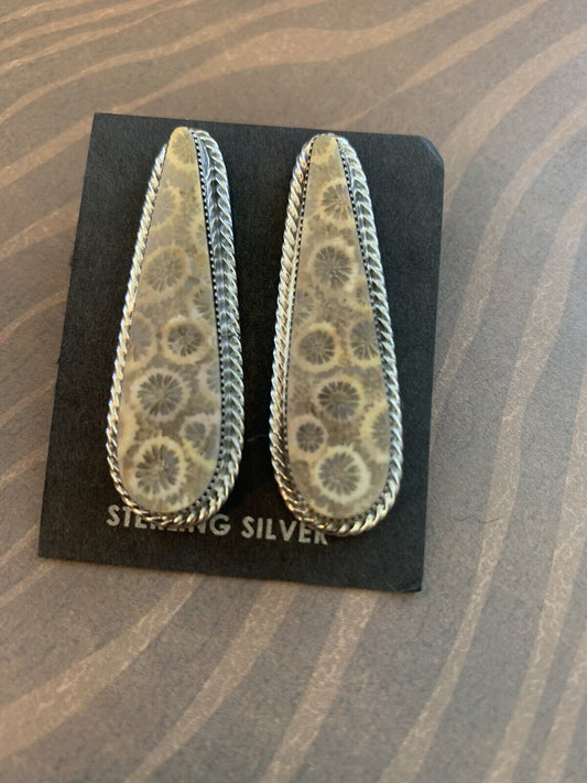 Handcrafted Fossilized Coral & Sterling Silver Post Earrings Signed