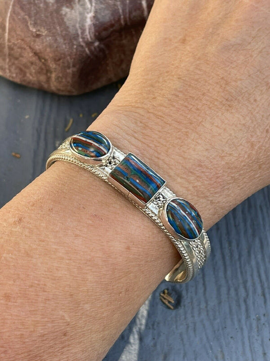 Unique Handcrafted Sterling Silver & Rainbow Stone Elegant Cuff Bracelet