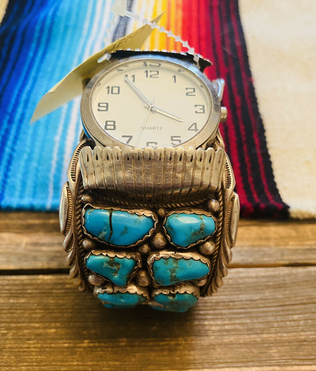Handcrafted Vintage Turquoise & Sterling Silver Jumbo Watch Cuff Signed