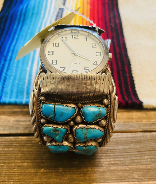 Handcrafted Vintage Turquoise & Sterling Silver Jumbo Watch Cuff Signed