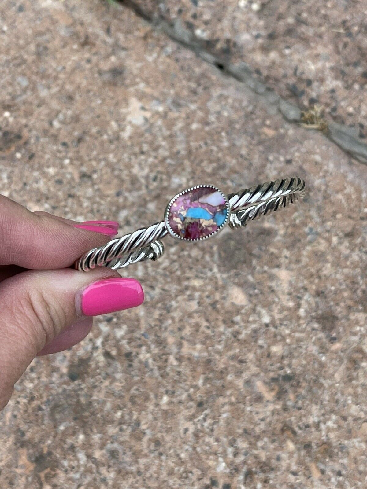 Handcrafted Pink Dream Mojave & Sterling Silver Bracelet Rope Cuff