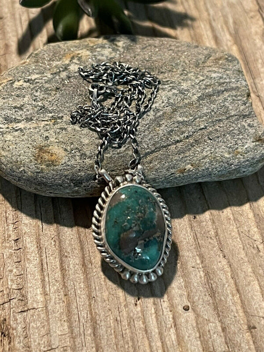 Handcrafted Sterling Silver And Morenci Turquoise Stone Southwest Necklace Signed