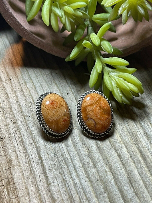Handcrafted Sterling Silver Apple Coral Oval Post Earrings