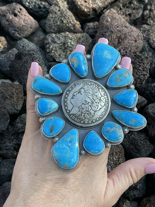 Handcrafted Sterling Silver Coin & Kingman Turquoise Adjustable Ring