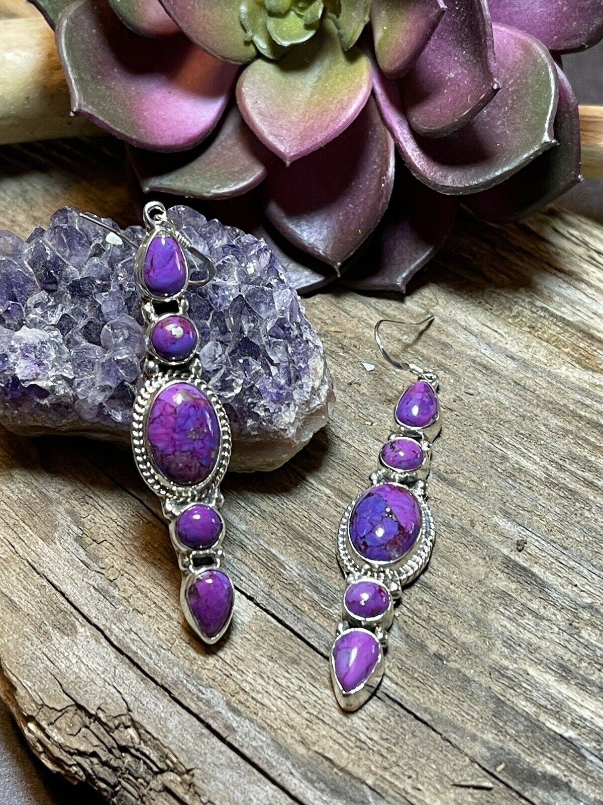 Handcrafted Sterling Silver Purple Mojave Dangle Fancy Earrings Signed