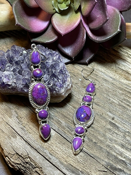Handcrafted Sterling Silver Purple Mojave Dangle Fancy Earrings Signed