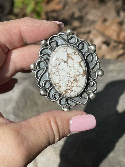 Navajo Swirl Statement Sterling Silver Wild Horse Oval Ring Sz 6