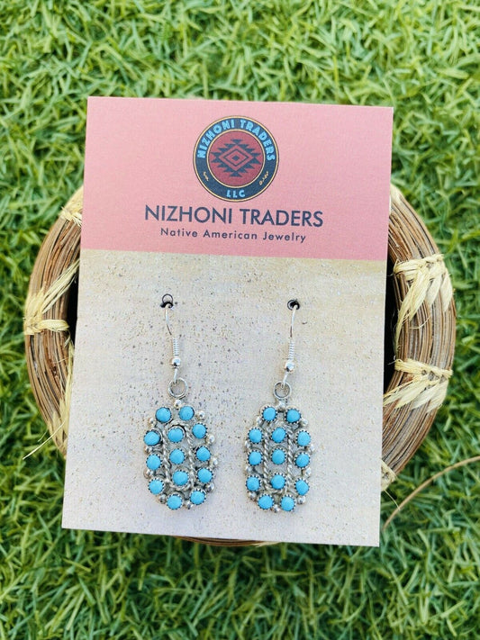 Handcrafted Sterling Silver & Turquoise Petit Point Cluster Dangle Earrings