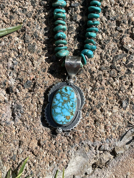 Handcrafted Number 8 Turquoise & Sterling Silver Elegant Pendant Signed