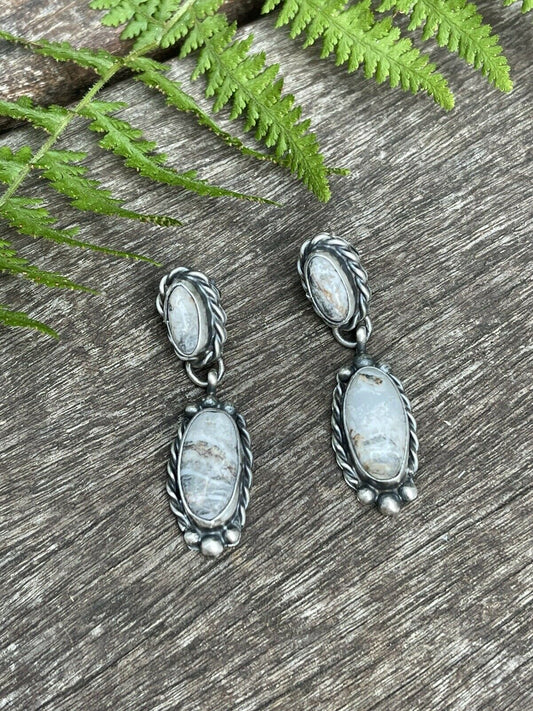 Handcrafted Sterling Silver & White Buffalo 2 Stone Rope Dangle Earrings
