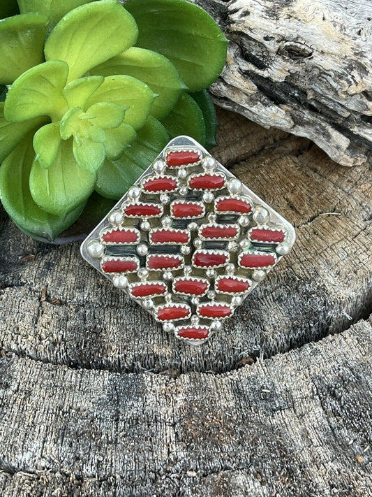 Handcrafted Sterling Silver Square Platform Red Coral Ring Sz 8