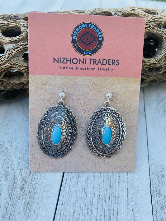 Handcrafted Sterling Silver & Turquoise Hand Stamped Dangle Earrings