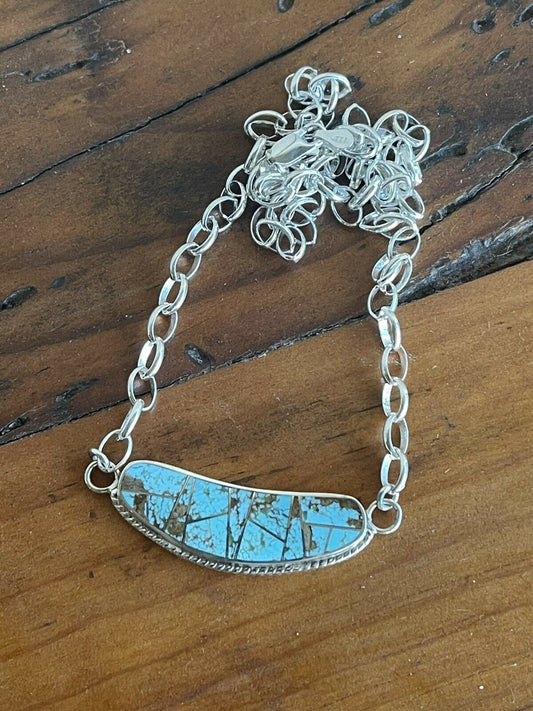 Navajo Sterling Silver & Turquoise Inlay Sleek Pendant Necklace