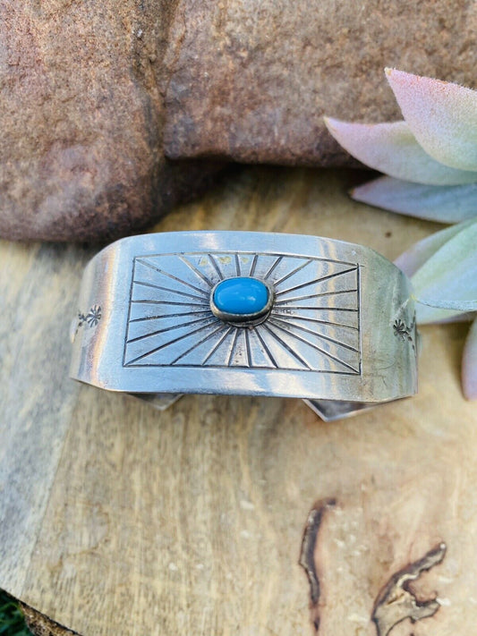 Handcrafted Vintage Turquoise & Sterling Silver Cuff Bracelet Signed
