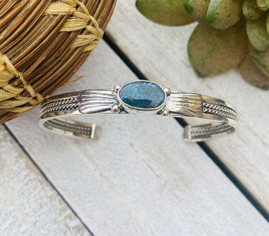 Handcrafted Sterling Silver & Royston Turquoise Stacker Cuff Bracelet Signed