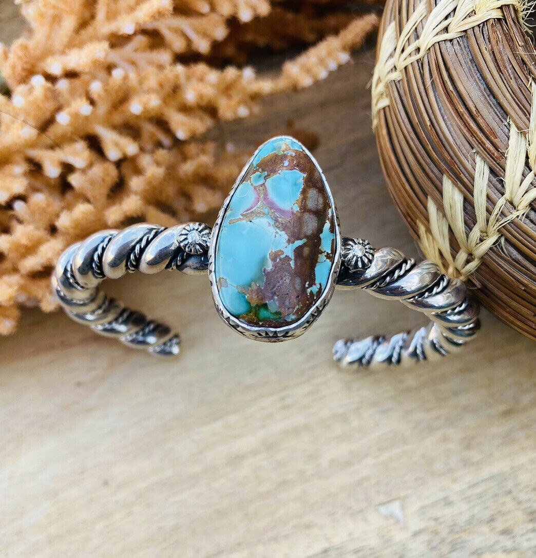 Handcrafted & Hand Stamped Sterling Silver & Royston Turquoise Cuff Bracelet