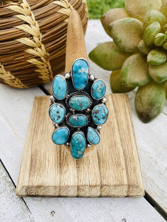 Handcrafted Turquoise & Sterling Silver Cluster Adjustable Ring
