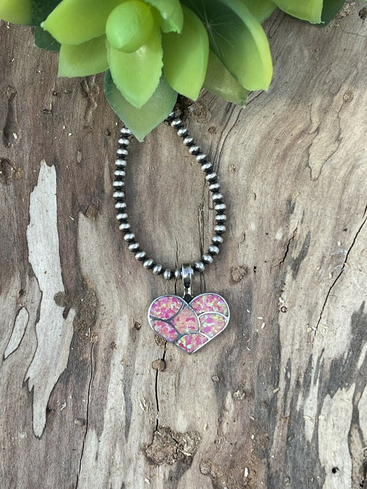 Handcrafted Iridescent Pink Opal & Sterling Silver Heart Pendant