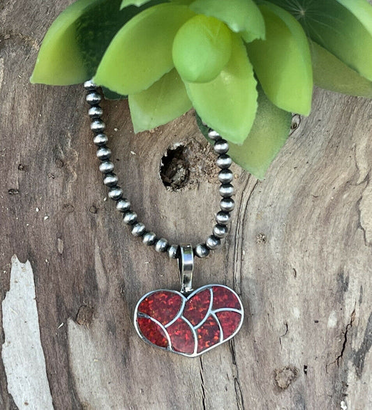 Handcrafted Iridescent Red Opal & Sterling Silver Heart Pendant