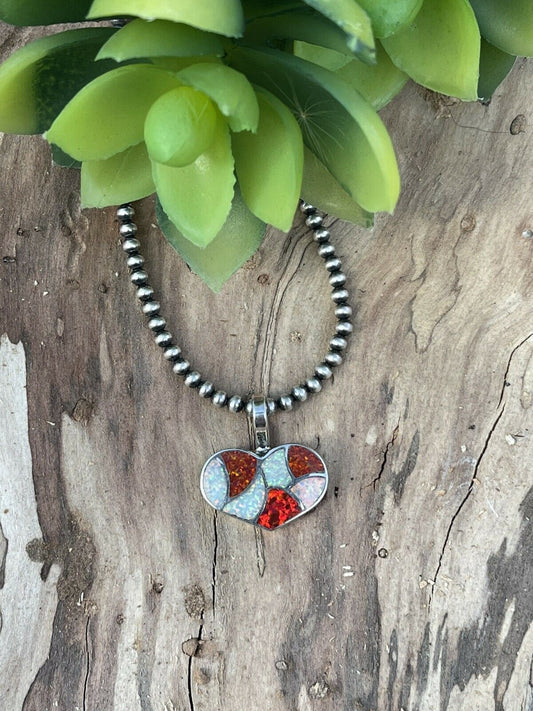 Handcrafted Iridescent Red Candy Cane Opal & Sterling Silver Heart Pendant