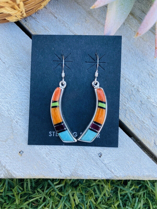 Handcrafted Multi Stone And Sterling Silver Inlay Dangle Earrings