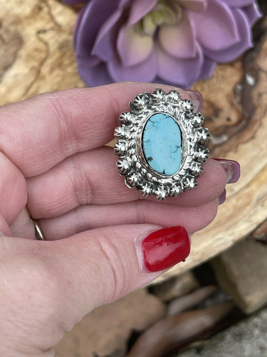 Handcrafted Sterling Carico Lake Turquoise Stone Sunburst Ring Size 8