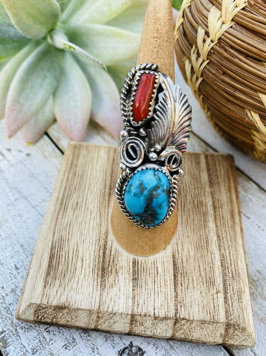 Handcrafted Turquoise, Coral & Sterling Silver Ring Size 5.5