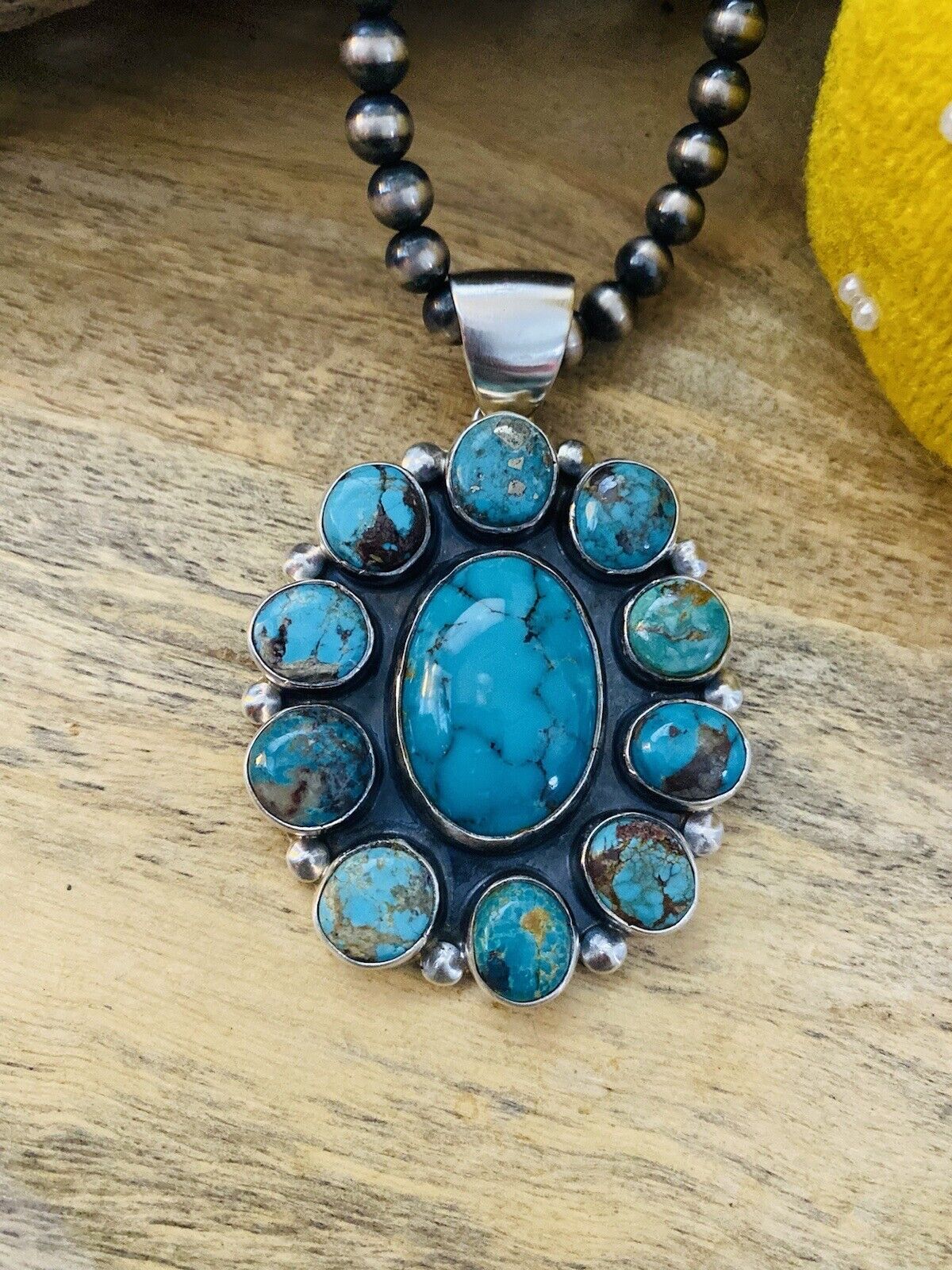 Navajo Sterling Silver & Multi Turquoise Cluster Pendant Signed