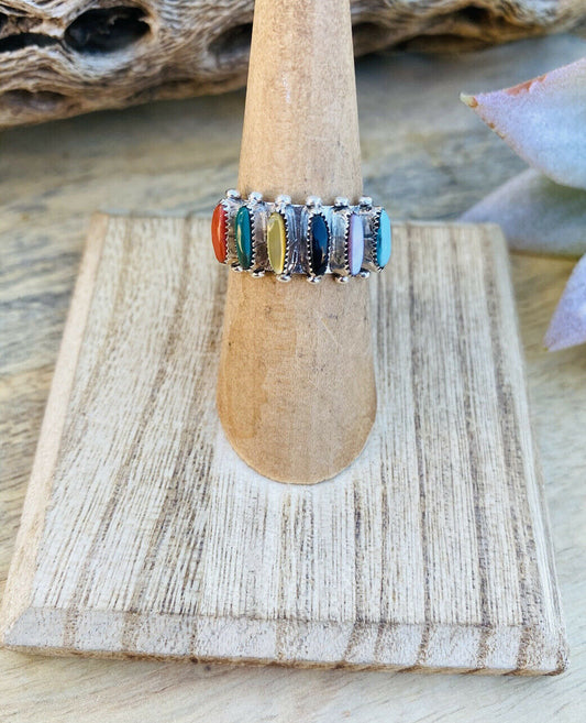 Handcrafted Sterling Silver & Multi Stone Needlepoint Band Ring
