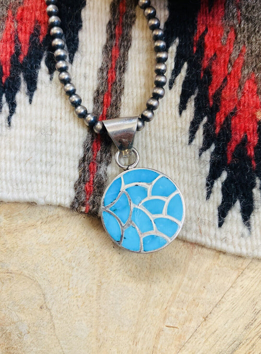 Handcrafted Turquoise & Sterling Silver Inlay Pendant Signed