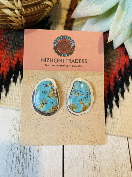 Handcrafted Royston Turquoise & Sterling Silver Post Earrings Signed