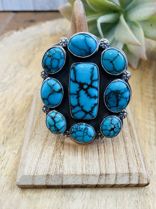 Handcrafted Kingman Turquoise & Sterling Silver Adjustable Ring Signed