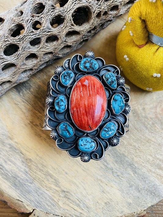 Handcrafted Turquoise, Orange Spiny & Sterling Silver Cuff Bracelet Signed /