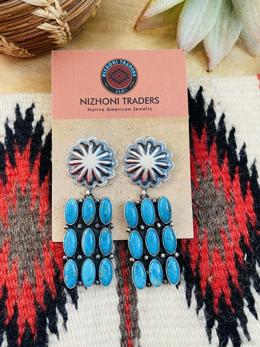 Handcrafted Turquoise & Sterling Silver Cluster Dangle Earrings Signed