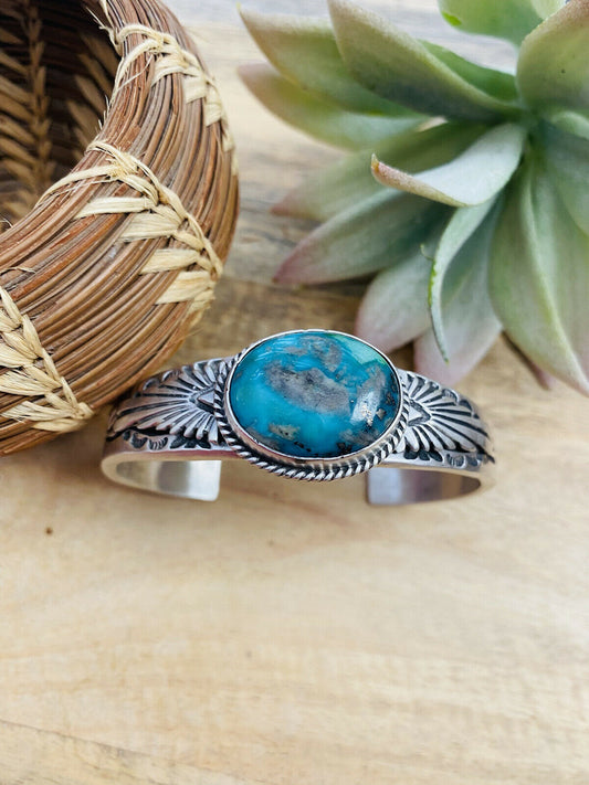 Handcrafted Sterling Silver & Royston Turquoise Cuff Bracelet Signed