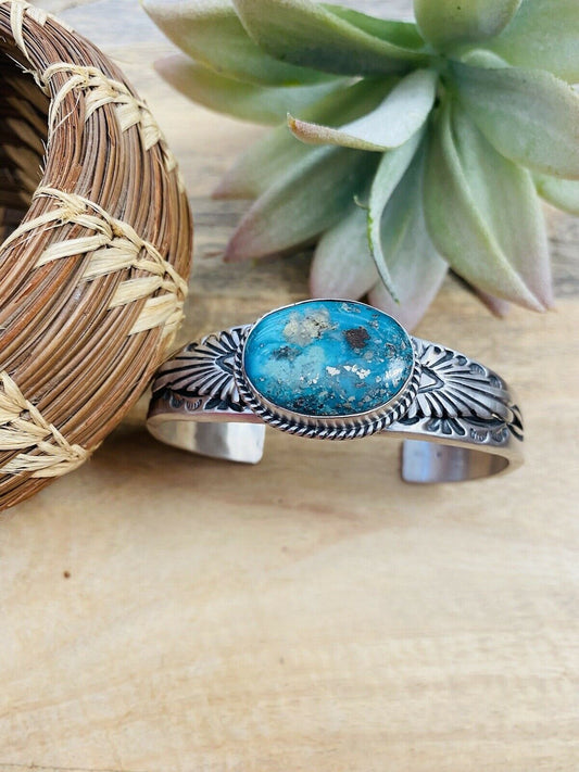 Handcrafted Sterling Silver & Royston Turquoise Cuff Bracelet Signed