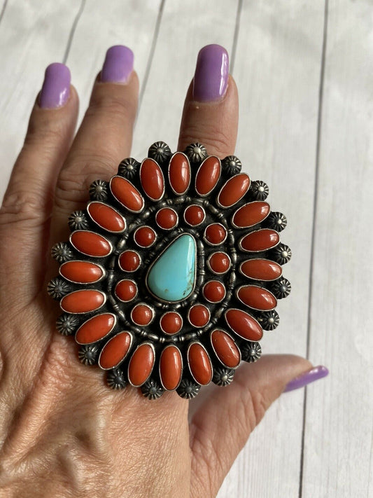 Shawn Cayatenito Sterling Silver Turquoise & Coral Statement Ring Size 8 Signed