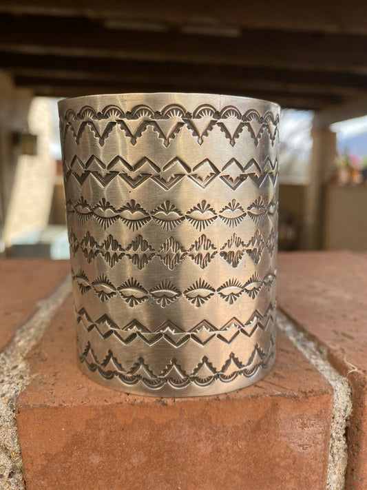 Handcrafted Sterling Silver Hand Stamped Statement Bracelet Cuff Signed
