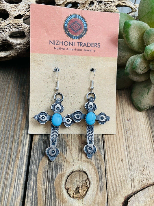 Navajo Turquoise & Sterling Silver Cross Dangle Earrings By Kevin Billah
