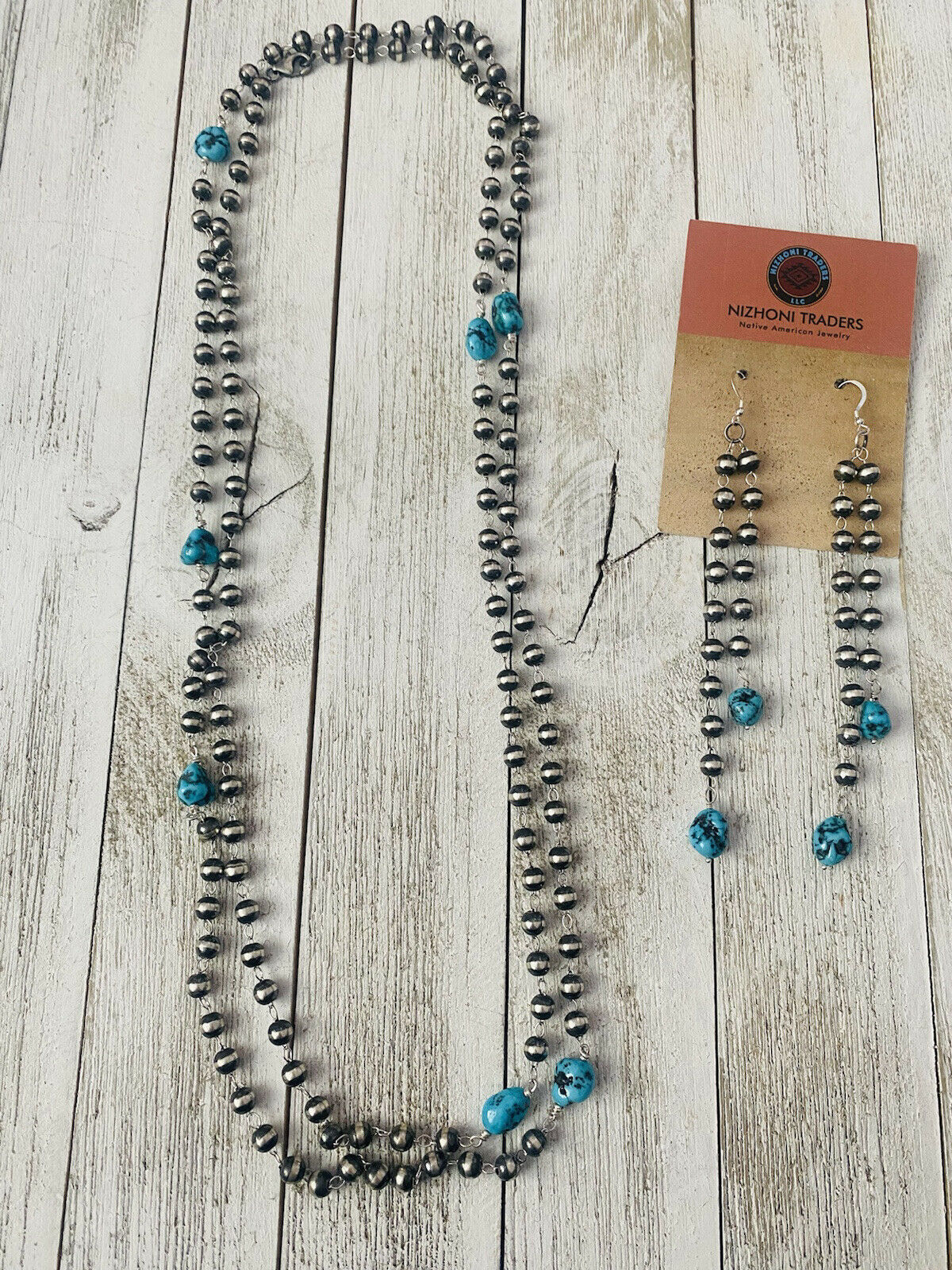 Navajo Kingman Turquoise & Sterling Silver Pearl Beaded Necklace Set