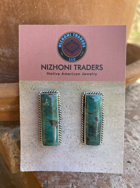 Handcrafted Sterling & Turquoise Rectangle Post Earrings Signed