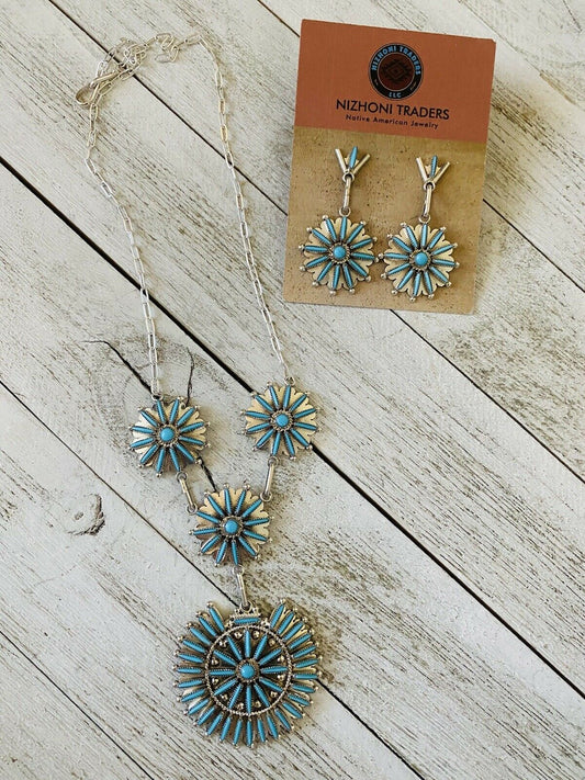 Handcrafted Sterling Silver & Turquoise Needlepoint Necklace & Earring Set Signed