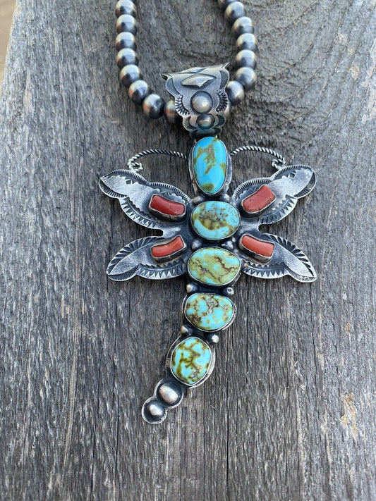 Handcrafted Shawn Cayatenito Sterling Silver Kingman  Turquoise & Coral Dragonfly Pendant