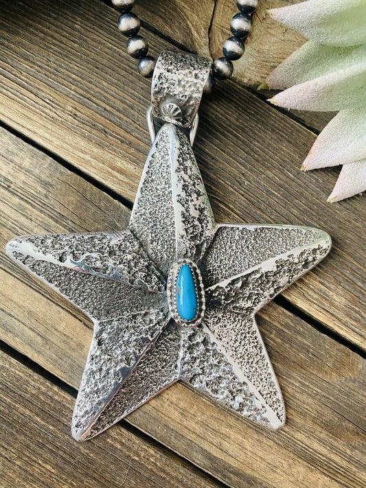 Navajo Turquoise & Sterling Silver Tufa Cast Star Pendant