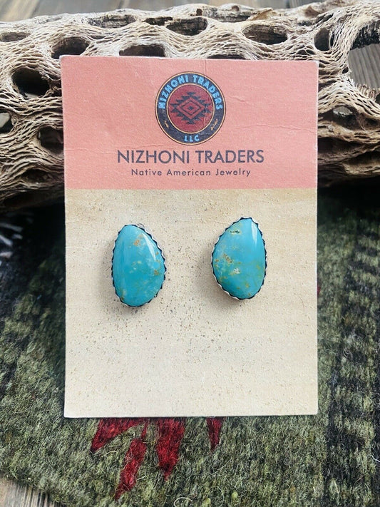 Handcrafted Turquoise & Sterling Silver Post Earrings Signed